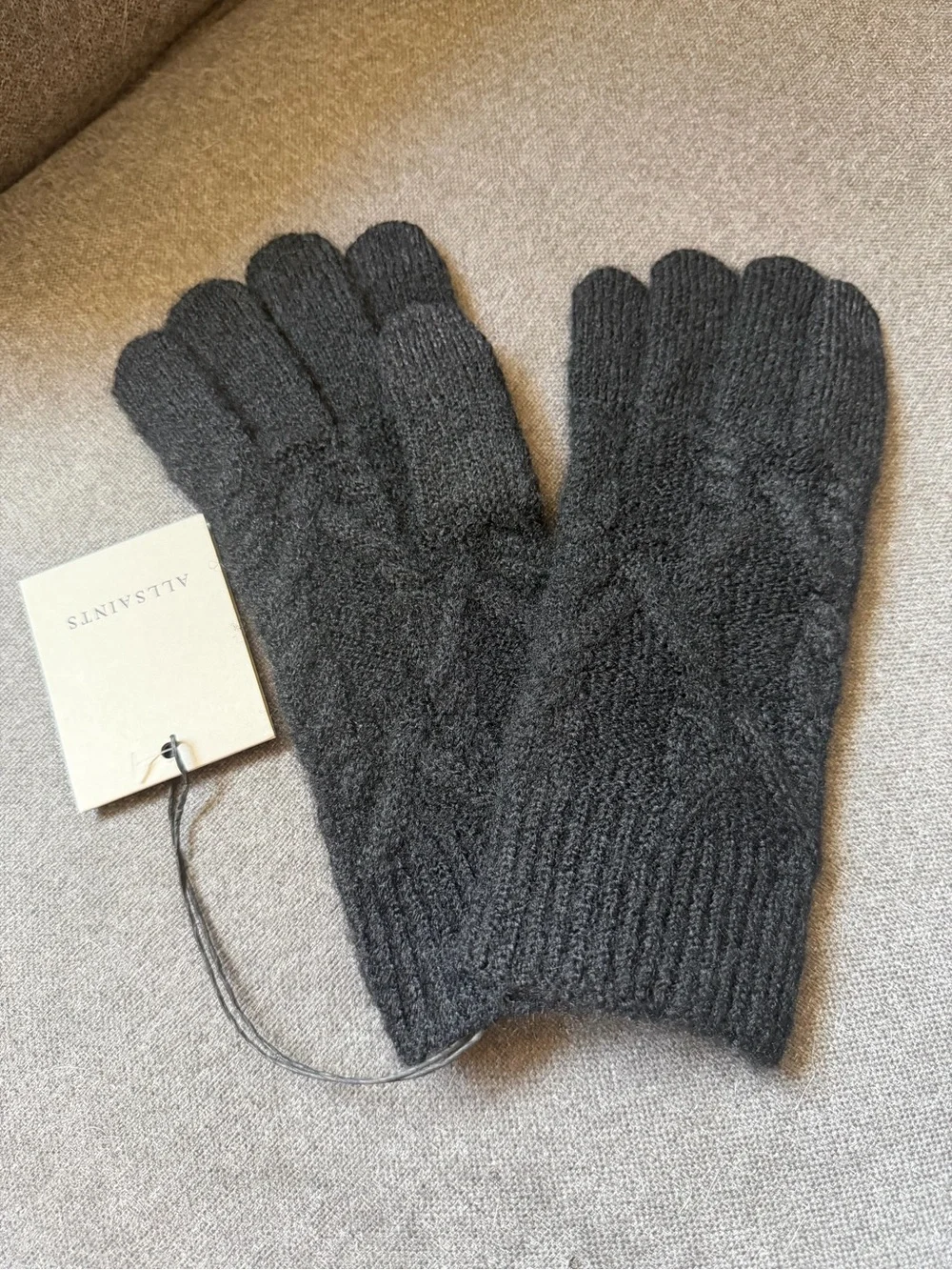 All Saints Black Black Cable Knit Gloves NWT